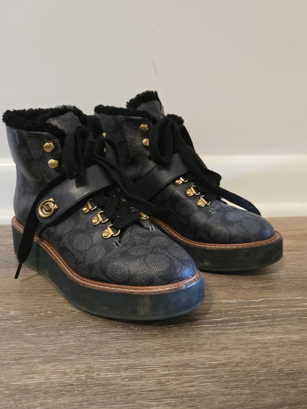 Coach Black Signature Lace-Up Platform Ankle Boots with Gold Hardware